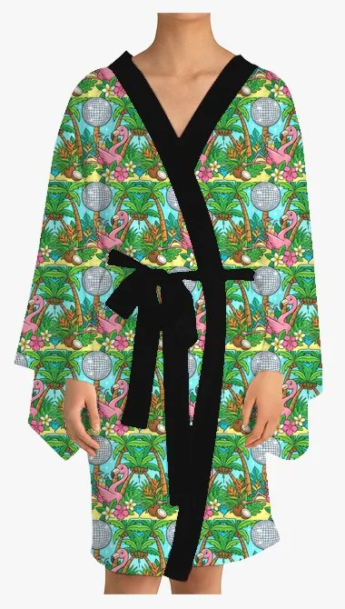 Kimono printed with a painted jungle scene of flamingos, cocktails, palm trees and disco balls
