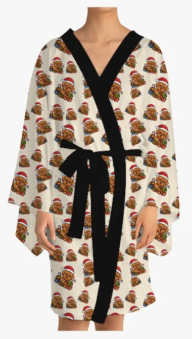 Kimono printed all over with a dog in a Santa hat among candy canes and wrapped gifts